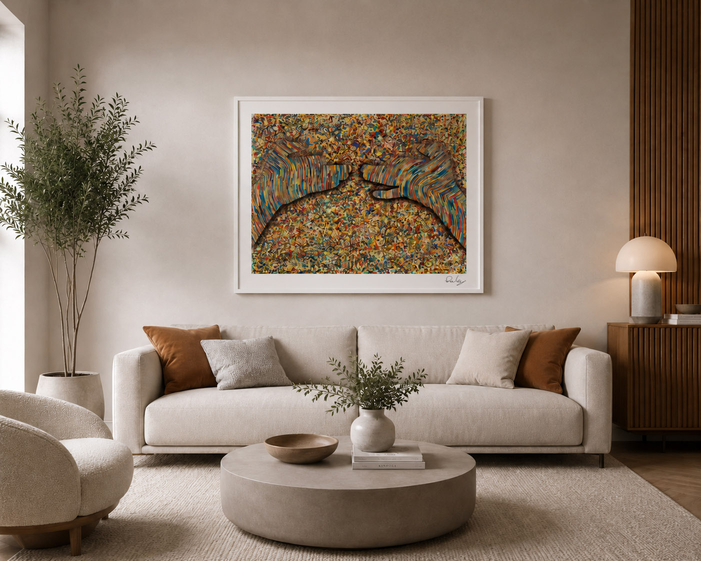 Hands of Love Print framed in a living room