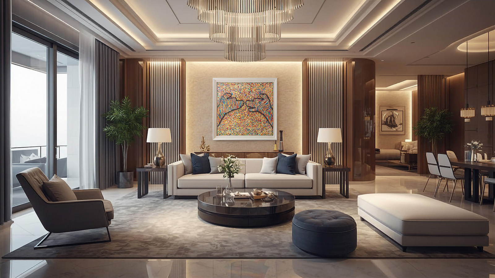 A framed painting displayed above a sofa in a luxury living room