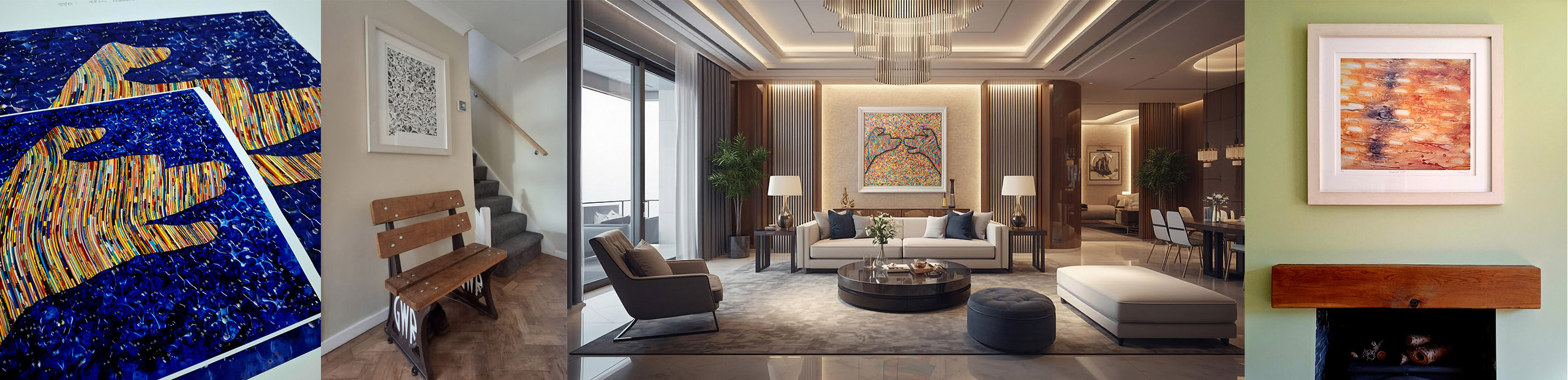 Arty Farley artworks displayed in stylish interiors